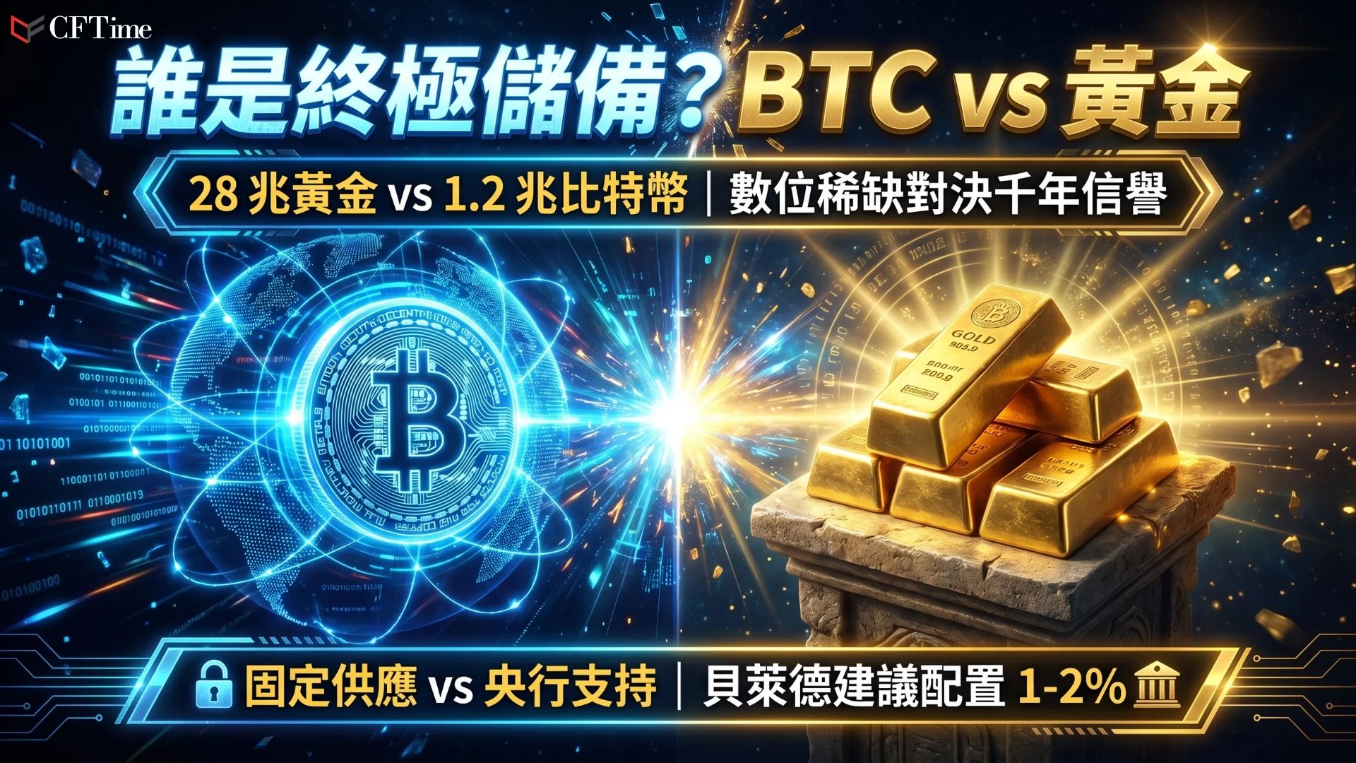 黃金市值約28兆美元，比特幣市值約1.2兆美元。比特幣優勢：供應量固定2,100萬枚、全球數位轉移數分鐘完成、儲存成本低、完全透明；黃金優勢：千年信譽、年化波動12-20％、央行支持強勁。Strategy以約847,000枚BTC領先企業持有者，機構配置比特幣1-2％。兩者多被視為互補資產。