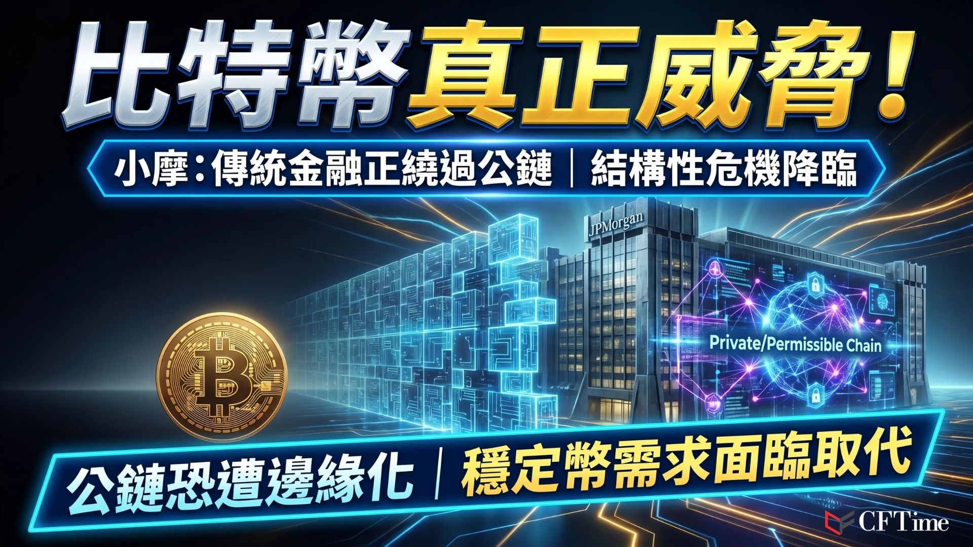 摩根大通指出比特幣最大風險來自傳統金融採用許可制區塊鏈繞過公開無需許可網絡進行代幣化、支付和結算。銀行正為代幣化存款建立自有基礎設施，可能減少機構對穩定幣的需求。國際清算銀行已警告公開區塊鏈在系統重要性金融基礎設施中的風險。此觀點與投資者對Strategy賣幣的擔憂形成對比。