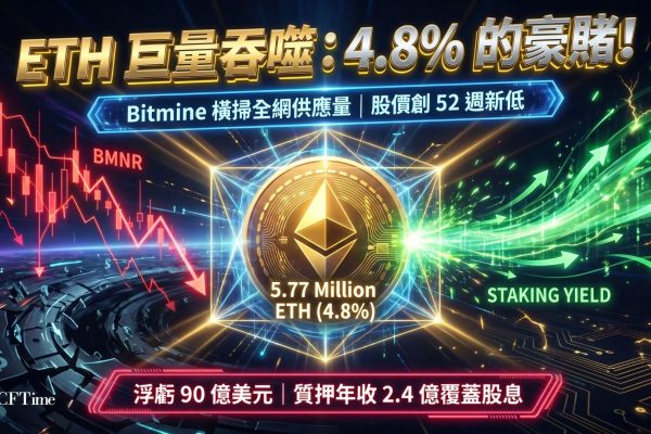 Bitmine持倉5.77百萬枚ETH（佔總供應量4.8％），距「5％煉金術」目標完成96％。惟BMNR股價報14.49美元（52週範圍12.80-71.74美元），市值約78億美元低於其ETH持倉價值。平均成本3,997美元，帳面虧損約90億美元。公司每週購買量從42,197 ETH放緩至27,801 ETH。