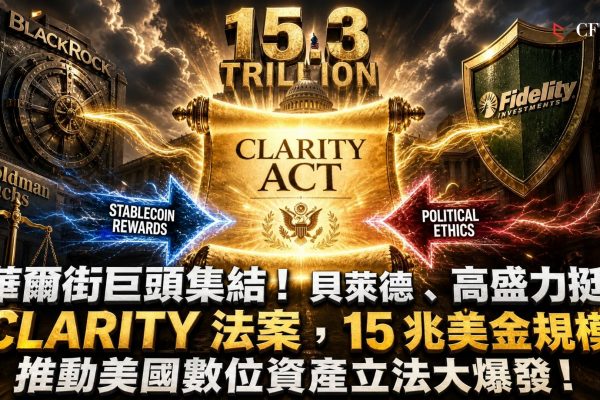 BlackRock公開支持CLARITY法案，高盛與富達亦表態力挺，華爾街機構級共識正在形成。BlackRock管理資產15.3兆美元，直接商業敞口包括近800億美元數位資產ETP與650億美元穩定幣儲備。Samara Cohen稱法案是邁向投資人保護的關鍵一步，提供創新與透明度的平衡。