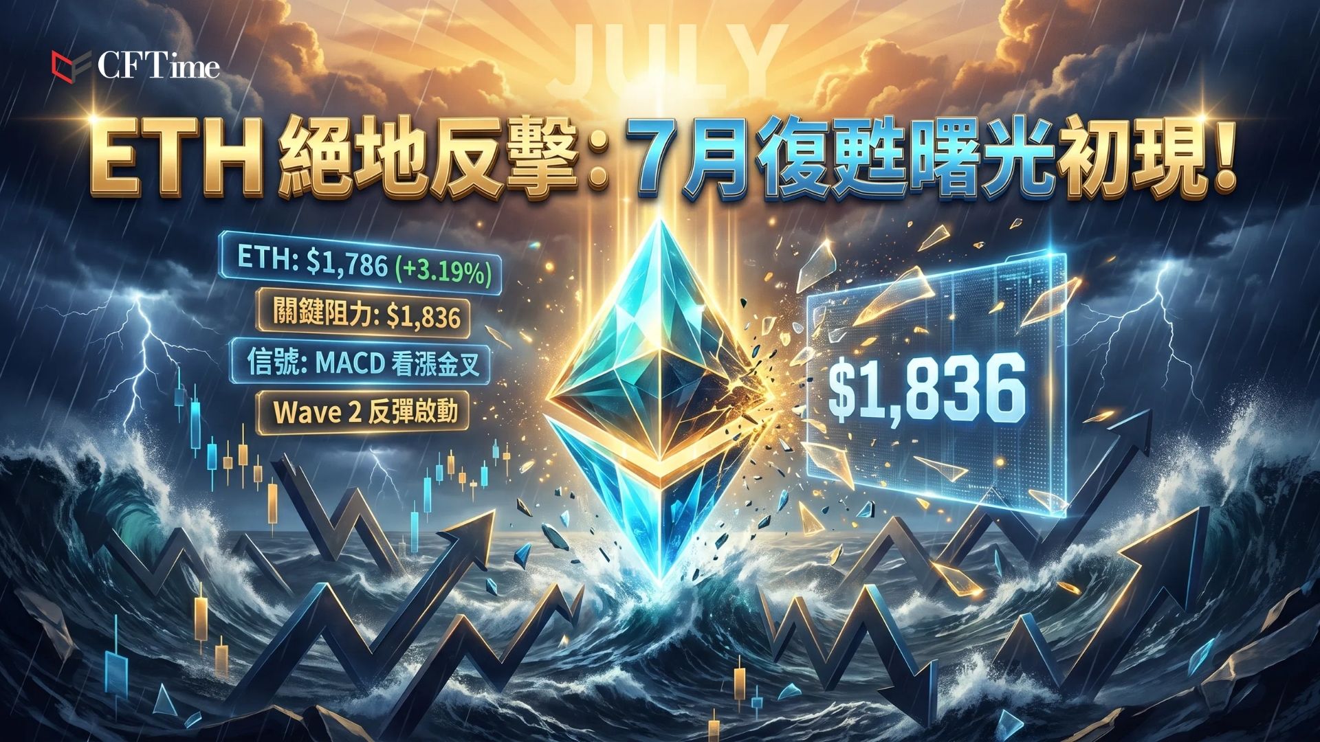 以太幣重拾動能。分析師More Crypto Online指出，ETH正接近首個主要技術障礙，7月可能迎來較大的Wave 2反彈，隨後更廣泛的趨勢才會恢復。布林帶顯示ETH已攀升至中軌（約1,676美元）上方，下一關鍵阻力位於上軌約1,836.77美元。MACD已進入看漲區域，直方圖持續擴張，顯示上升動能正在積累。