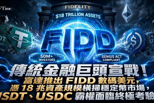 富達投資正式推出穩定幣FIDD，進軍由Tether（USDT）與Circle（USDC）主導的市場，兩者合計控制逾八成市佔率。富達管理資產約17.9兆美元，服務超過5,000萬投資者，FIDD直接內建於儲蓄與退休帳戶平台。FIDD與代幣化貨幣市場基金掛鉤，繞過GENIUS法案利息禁令，提供間接收益。