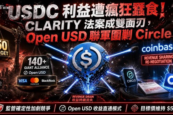 Mizuho分析師指出，CLARITY法案若通過，長期可能侵蝕Circle的USDC收入，因監管確定性將加速穩定幣商品化並吸引更多競爭。Open USD由Visa、Mastercard、Stripe、BlackRock及Coinbase等超過140家企業支持，採用「直通」模式將幾乎所有儲備收益分配給分銷商。