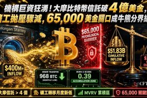 摩根士丹利比特幣信託累計流入突破4億美元，惟美國現貨比特幣ETF每日流出約2.4億美元，反映短期需求仍不平衡。礦工向交易所轉移量降至968枚BTC，為月度最低水平，減少即時賣壓。MVRV Z-Score為0.39，歷史低位曾出現在有利累積期附近。技術面65,000美元為關鍵阻力，站穩與否將決定短期結構強弱。