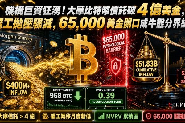 摩根士丹利比特幣信託累計流入突破4億美元，惟美國現貨比特幣ETF每日流出約2.4億美元，反映短期需求仍不平衡。礦工向交易所轉移量降至968枚BTC，為月度最低水平，減少即時賣壓。MVRV Z-Score為0.39，歷史低位曾出現在有利累積期附近。技術面65,000美元為關鍵阻力，站穩與否將決定短期結構強弱。