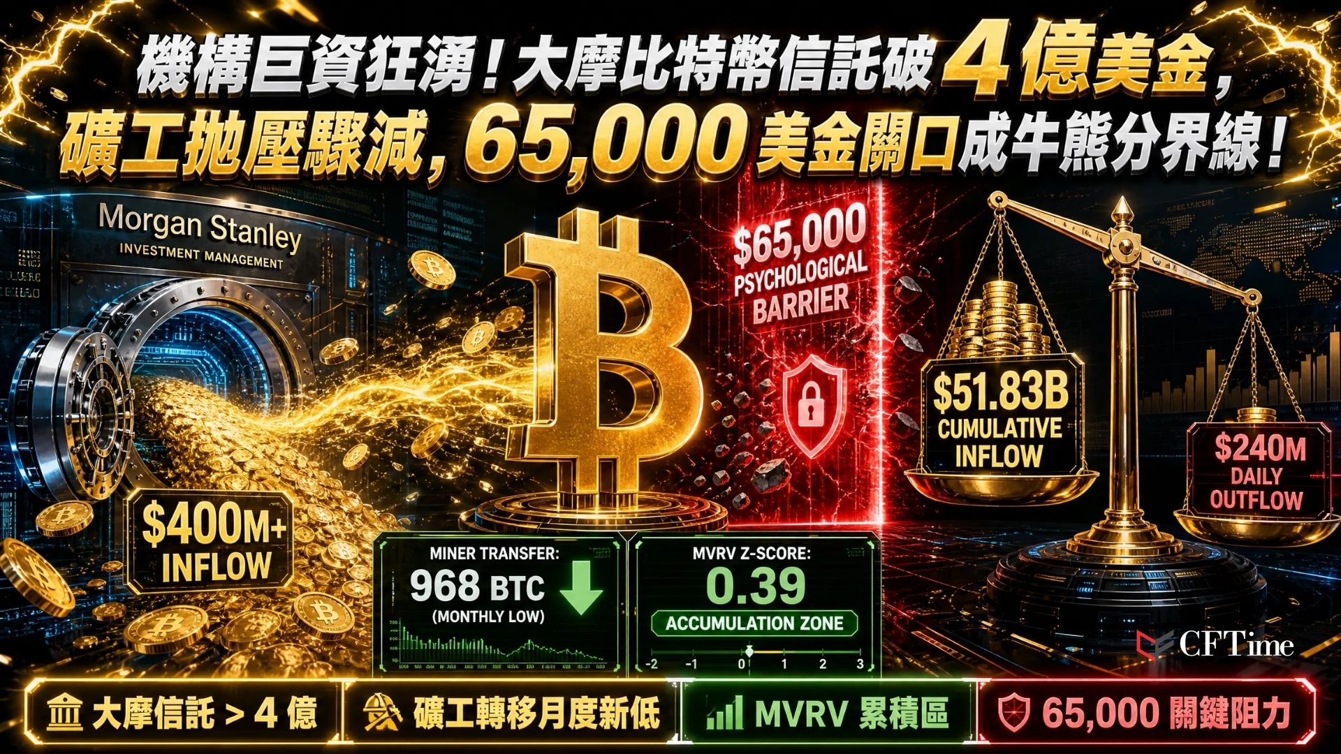 摩根士丹利比特幣信託累計流入突破4億美元，惟美國現貨比特幣ETF每日流出約2.4億美元，反映短期需求仍不平衡。礦工向交易所轉移量降至968枚BTC，為月度最低水平，減少即時賣壓。MVRV Z-Score為0.39，歷史低位曾出現在有利累積期附近。技術面65,000美元為關鍵阻力，站穩與否將決定短期結構強弱。