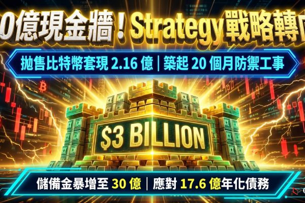 Strategy暫停買幣一個月，並於6月30日至7月5日期間出售3,588枚BTC（約2.16億美元），持倉降至843,775枚BTC。公司將所得款項及週一額外操作將美元儲備增至約30億美元，按年化優先股股息和債務利息約17.6億美元計算，可覆蓋約20.4個月。STRC目前交易約87美元（低於100美元面值）。