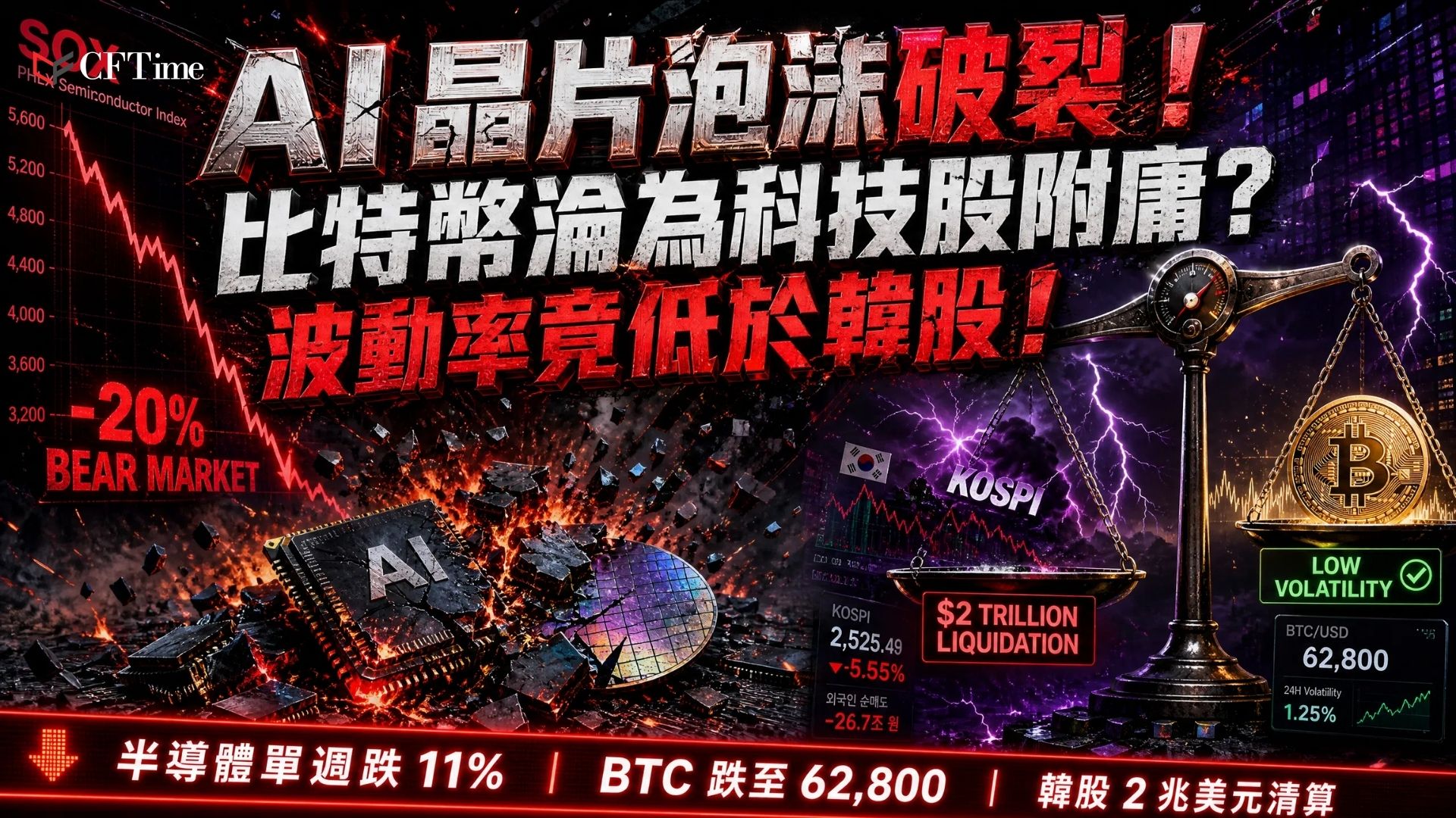 AI晶片泡沫破裂，PHLX半導體指數從6月底峰值下跌逾20％進入熊市，單週跌11％。加密貨幣作為科技股的高貝塔延伸同步受壓——比特幣跌至約62,800美元，以太幣滑向1,815美元。同一批基金和算法同時持有科技股和比特幣，保證金追繳迫使跨資產清算。惟比特幣30日波動率低於韓國KOSPI。