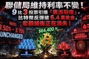 聯儲局7月29日利率決議維持聯邦基金利率不變，符合市場預期。然而9比3投票結果傳遞明顯鷹派信號，三名官員支持加息25個基點。比特幣在決策後一度升破64,400美元，但反彈有限。CoinDesk指出期貨市場對加息機率定價約35%。市場關注焦點轉向即將公佈的通脹、就業與能源數據。