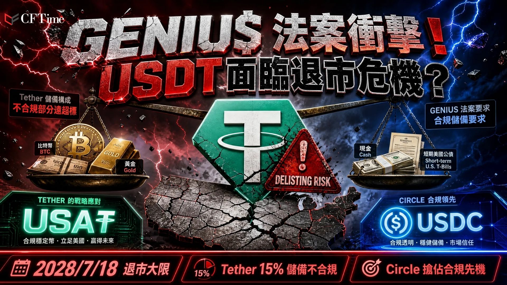 USDT面臨退出美國危機。《GENIUS法案》要求美國數位資產平台在2028年7月18日後不得提供非合規支付穩定幣，發行人須以現金、短期國庫券等低風險資產1:1支持代幣。Tether儲備中約15%為比特幣和黃金，不符合合規要求，但可通過USA₮（美國合規產品）或外國發行人渠道保留市場准入。