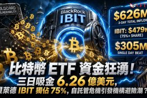 比特幣ETF三日吸金6.26億美元淨流入。貝萊德IBIT單一產品貢獻4.79億美元，佔總額逾75%，8月5日單日吸金3.05億美元為該基金自7月中旬以來最大單日流入量。此波資金流入恰與Coldcard硬件錢包安全漏洞事件時間軸重合，彭博情報分析師指出該事件可能促使部分資本轉向受監管的ETF產品。