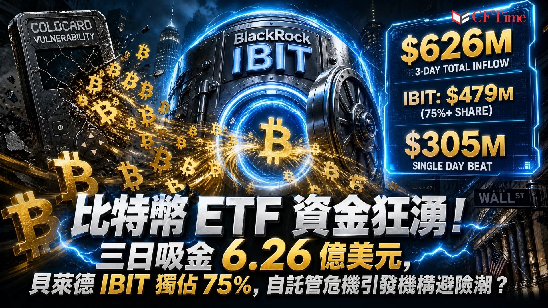 比特幣ETF三日吸金6.26億美元淨流入。貝萊德IBIT單一產品貢獻4.79億美元，佔總額逾75%，8月5日單日吸金3.05億美元為該基金自7月中旬以來最大單日流入量。此波資金流入恰與Coldcard硬件錢包安全漏洞事件時間軸重合，彭博情報分析師指出該事件可能促使部分資本轉向受監管的ETF產品。