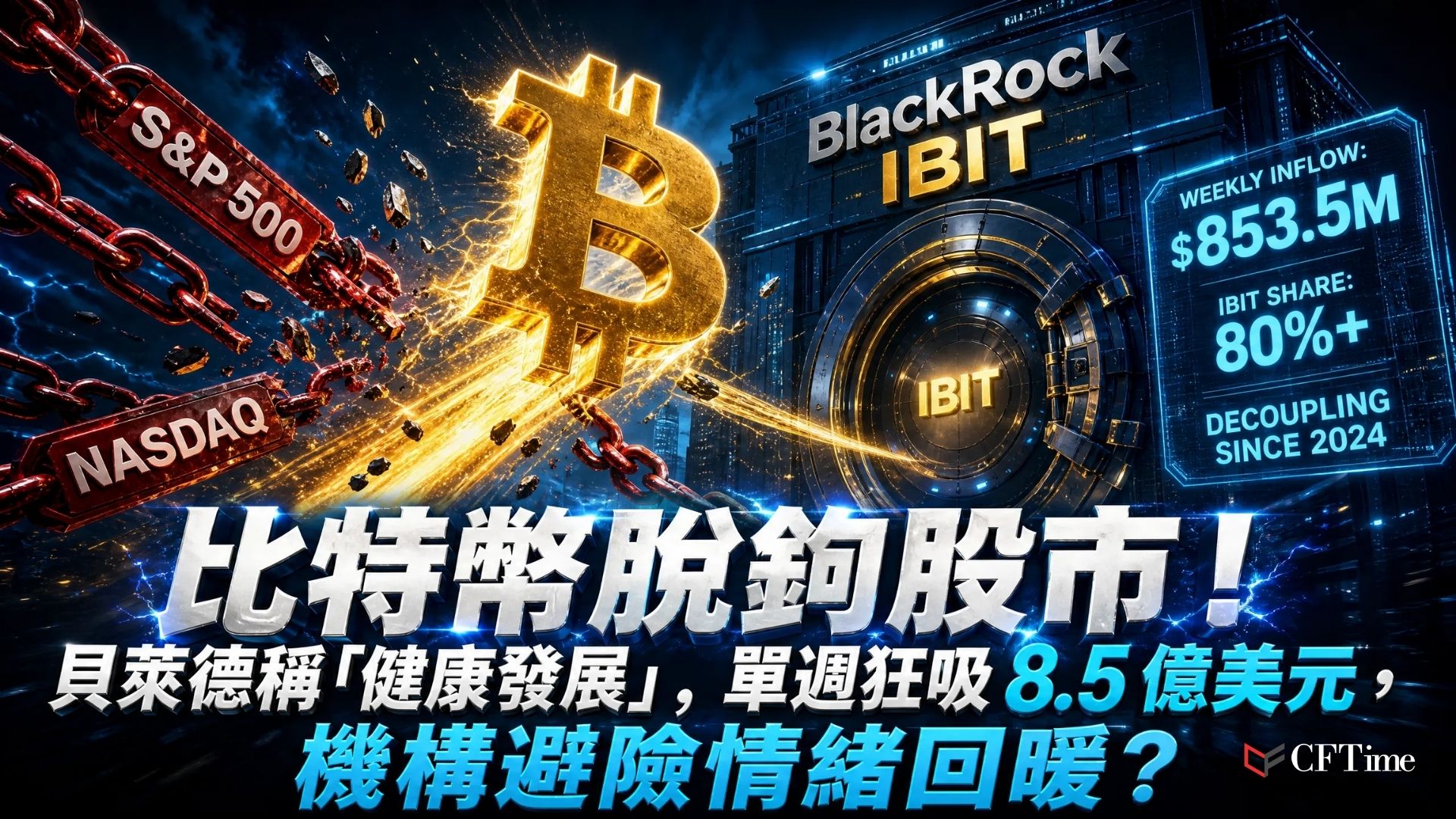 貝萊德數位資產主管Robert Mitchnick表示，比特幣脫鉤股市始於今年初，7月AI板塊回調時比特幣表現顯著優於股市。他認為此脫鉤對比特幣是健康的，強化了其作為投資組合多元化工具及避險資產的論述。上週美國現貨比特幣ETF合計吸引約8.535億美元淨流入，連續五個交易日錄得資金流入，貝萊德IBIT貢獻逾80%。