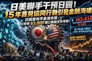 日本宣布聯手美國干預匯市，為1998年以來首次此類協同行動。此次干預發生於日圓跌至40年低點之際，美國財長貝森特表示日元「嚴重低估」。市場關注焦點在於日圓套利交易平倉風險——借入廉價日圓購買高收益資產的投資者可能被迫平倉，對比特幣等風險資產構成潛在賣壓。美國總統特朗普表示美國正在幫助日本支撐日元，稱此舉有利於全球經濟。