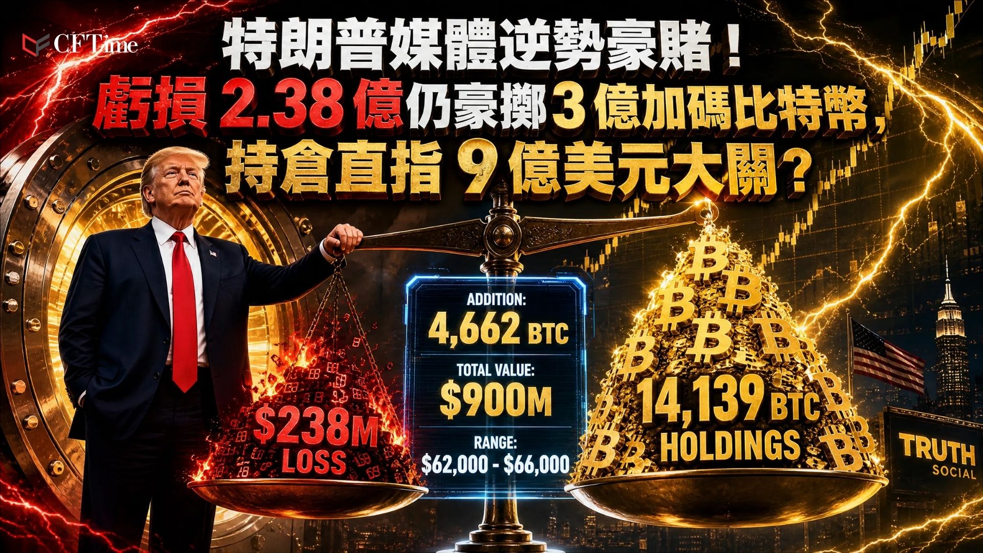 特朗普媒體與科技集團第二季淨虧損2.38億美元，較去年同期擴大十倍，惟該特朗普媒體加碼比特幣，以平均每枚62,982美元增持4,662枚比特幣，價值約2.93億美元。總持倉增至14,139枚比特幣，價值約9億美元。該公司同時宣布戰略重心調整，將聚焦Truth API付費數據服務，但仍保留核聚變業務。