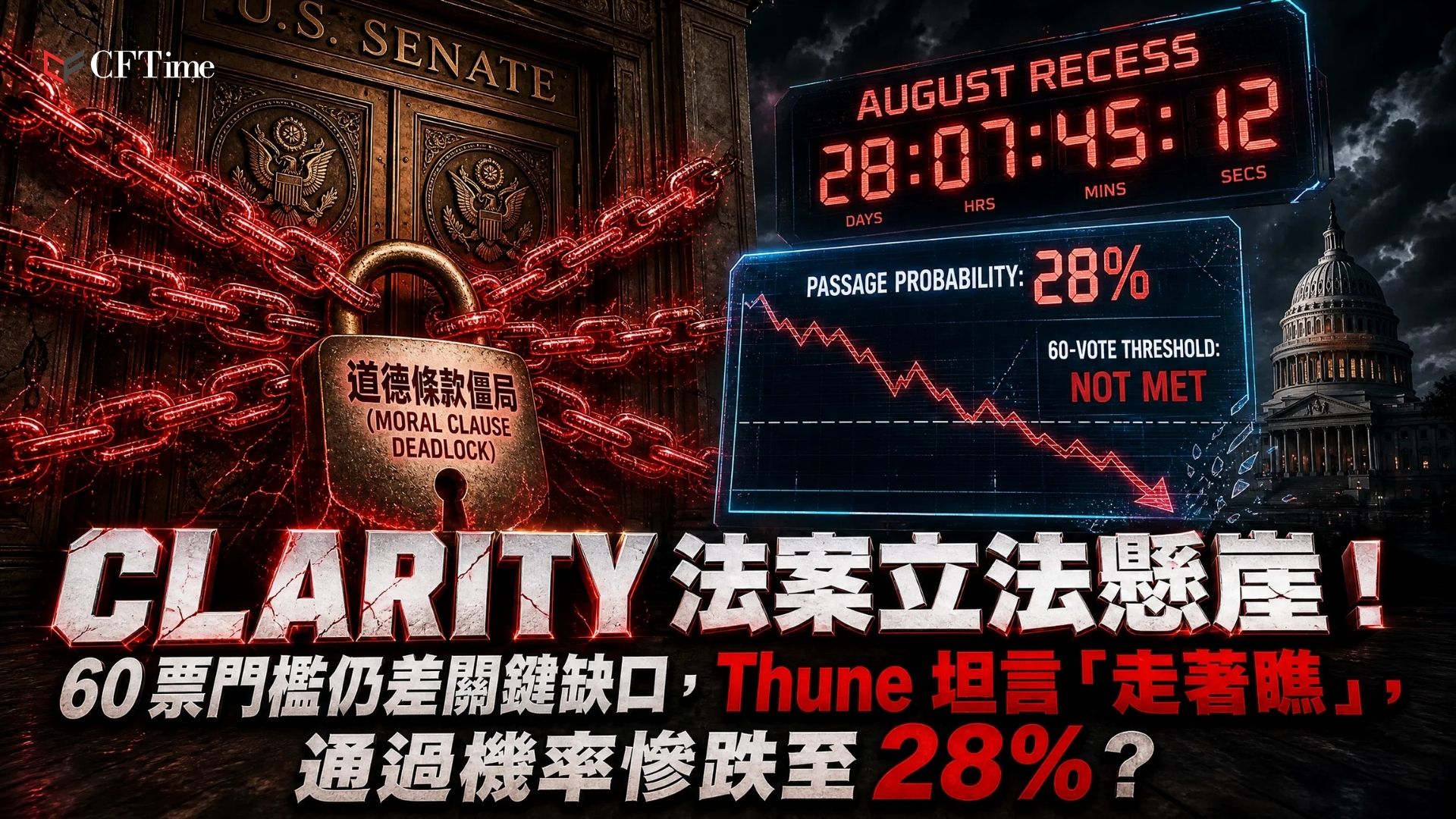 CLARITY法案60票門檻仍差關鍵缺口，至撰稿時法案仍未列入8月4日參議院議程。法案需60票才能克服程序障礙，共和黨雖掌握53席仍需爭取至少七名民主黨人支持。目前最大障礙來自「道德條款」爭議，因總統特朗普披露其2025年從加密業務獲利逾14億美元而成為焦點。