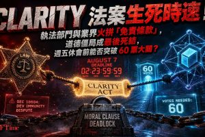 CLARITY法案道德條款談判陷僵局。民主黨參議員正式要求美國證券交易委員會調查特朗普的迷因幣項目（$TRUMP），該代幣從高點46美元跌至約1.47美元，估計近100萬名投資者損失約38億美元。民主黨人要求條款具備獨立執法機制，白宮對Tillis-Gallego反提案逾一週未回應。