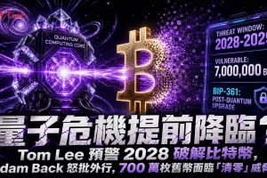 Fundstrat聯合創辦人Tom Lee預警量子威脅最快可能在2028至2029年破解比特幣加密防護，但Hashcash創辦人Adam Back隨即指出其論述中的技術錯誤——比特幣交易使用ECDSA數位簽章而非加密。真正的量子風險集中在約700萬枚比特幣（佔總供應量30%至35%），這些比特幣存於公鑰已在鏈上暴露的舊地址中。