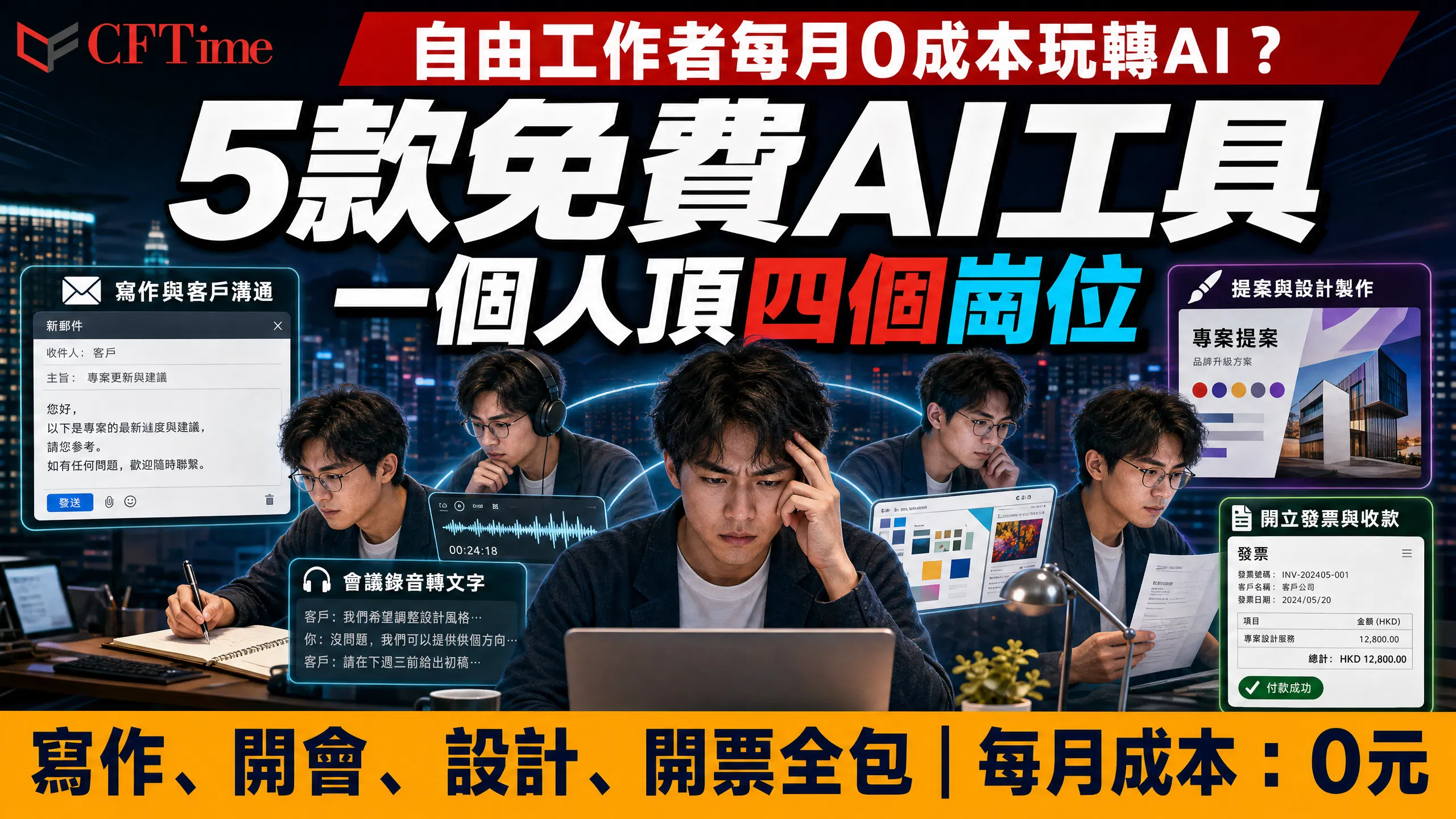 自由工作者每月0成本玩轉AI，5款免費AI工具一個人頂四個崗位示意圖
