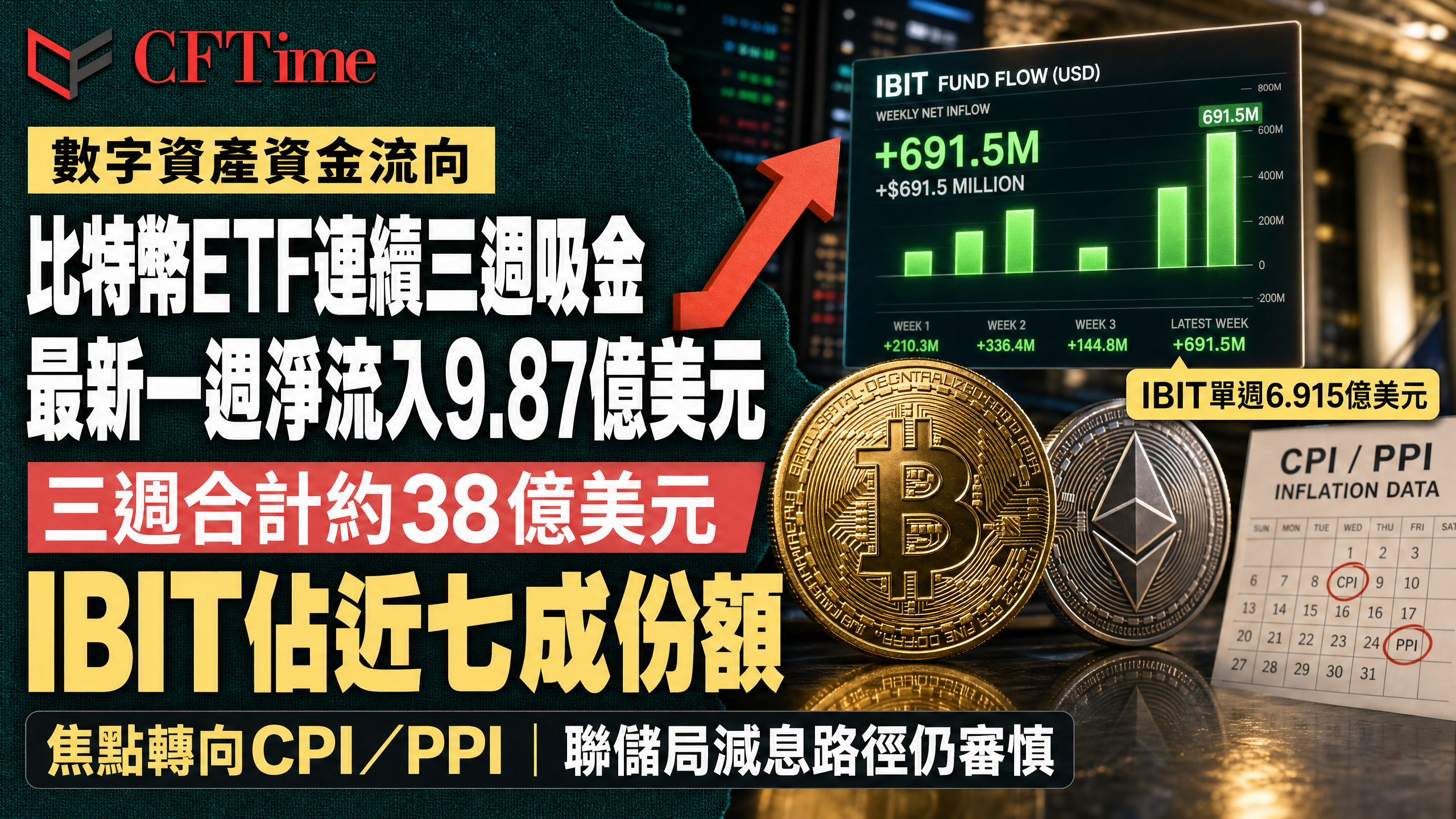比特幣ETF連續三週吸金 最新一週淨流入9.87億美元 三週合計約38億美元 IBIT佔近七成份額 焦點轉向CPI/PPI 聯儲局減息路徑仍審慎