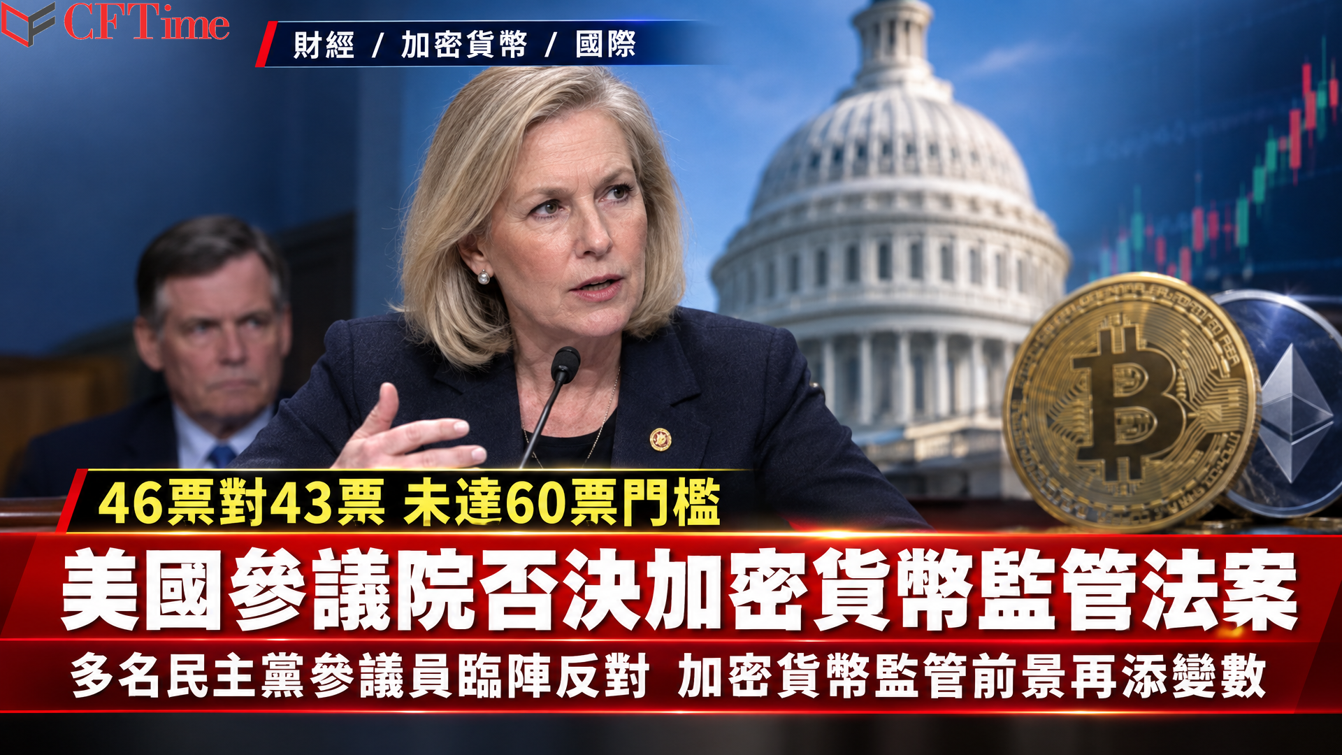 美國參議院否決加密貨幣監管法案 46票對43票未達60票門檻