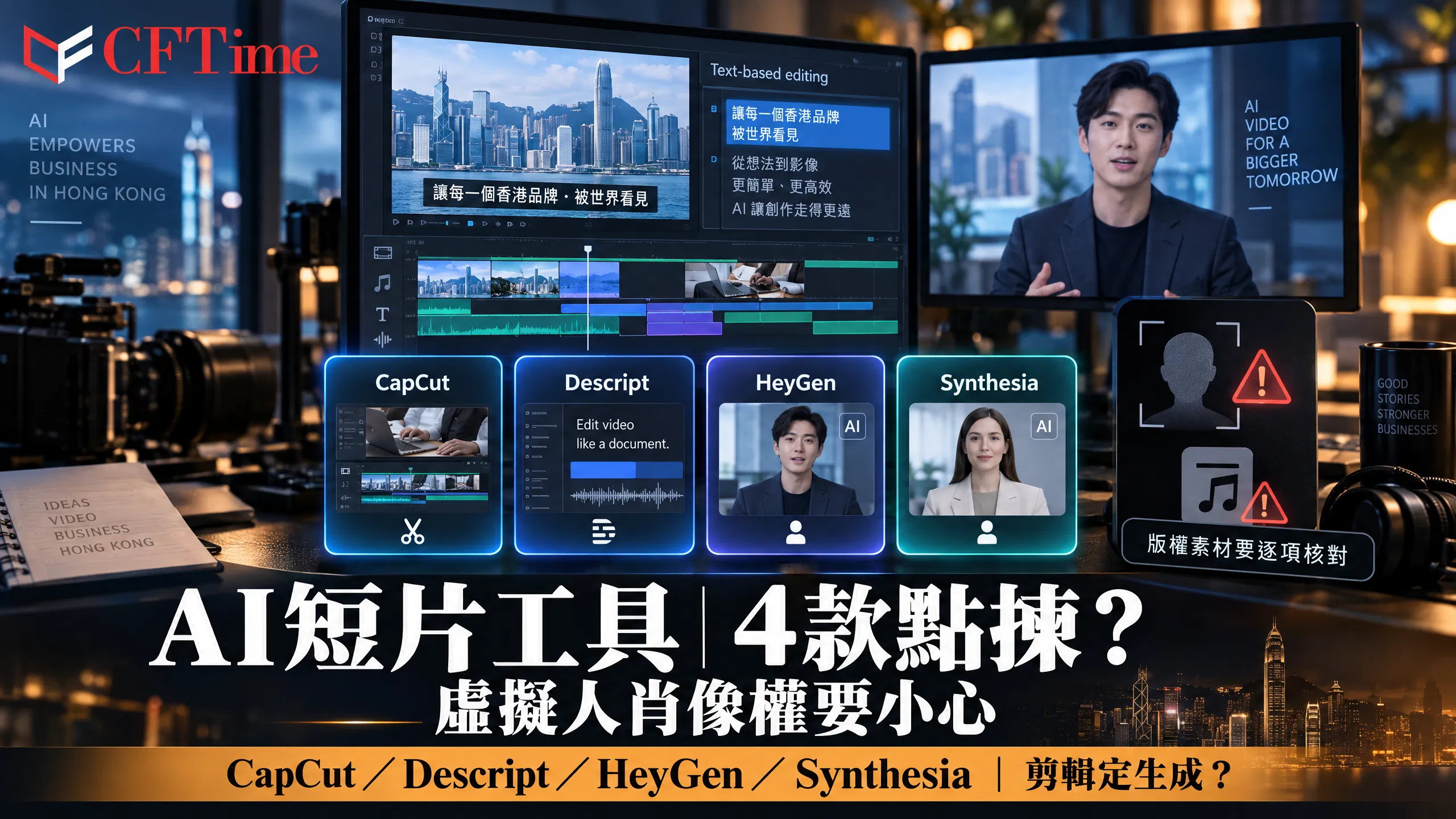 AI短片剪輯工具比較：CapCut、Descript、HeyGen、Synthesia點揀？香港中小企要留意肖像權同版權